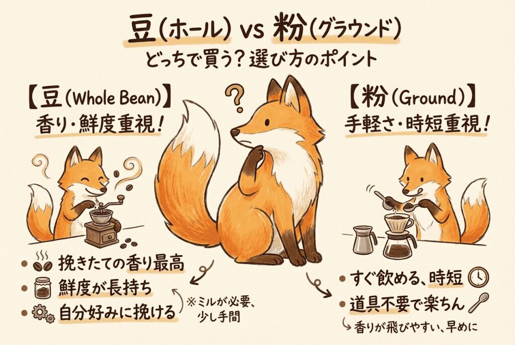 コーヒー豆の選び方③豆or粉で選ぶ！：「カルディのおすすめコーヒー豆人気ランキング」